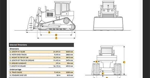 Specs for Cat D9T crawler tractor available as provided by Ritchiespecs.com